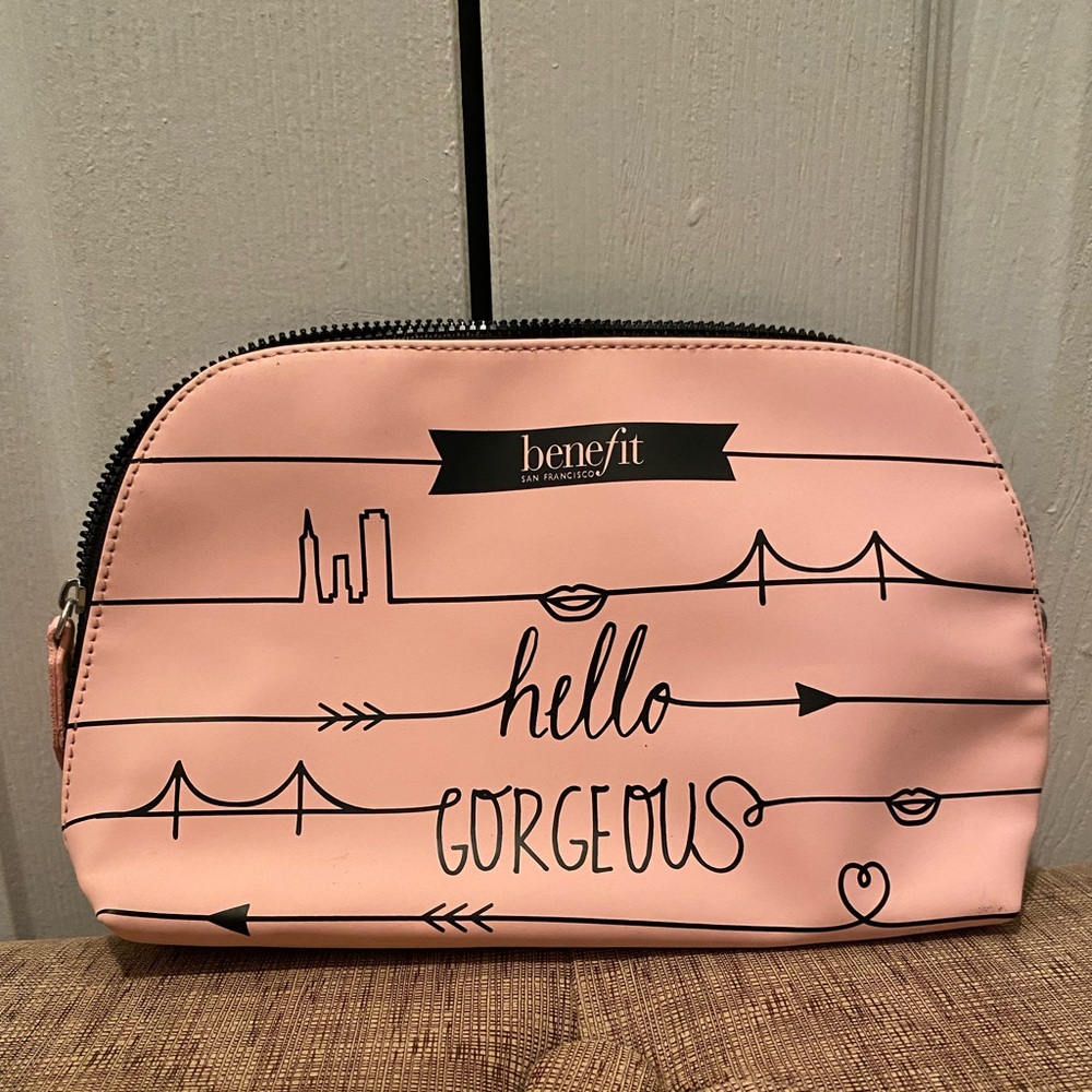 Benefit Cosmetics Hello Gorgeous Cosmetic Varsity Toiletry Travel Pink Bag.